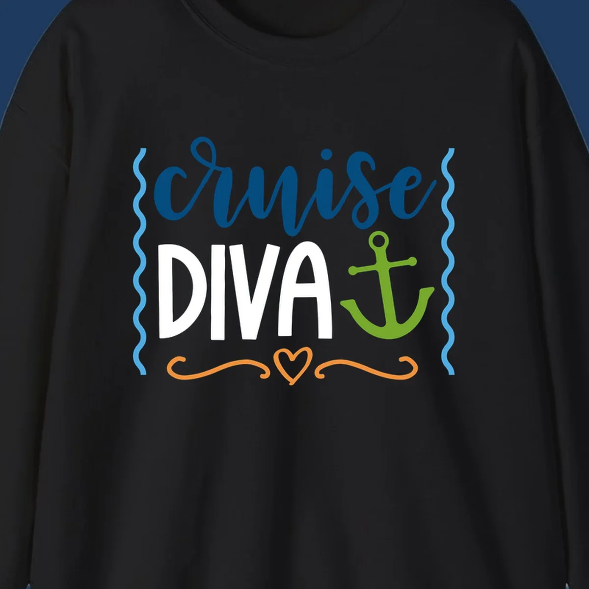 Cruise Diva design with bold white text, blue cursive lettering, green anchor, and decorative ocean-themed elements on gray background