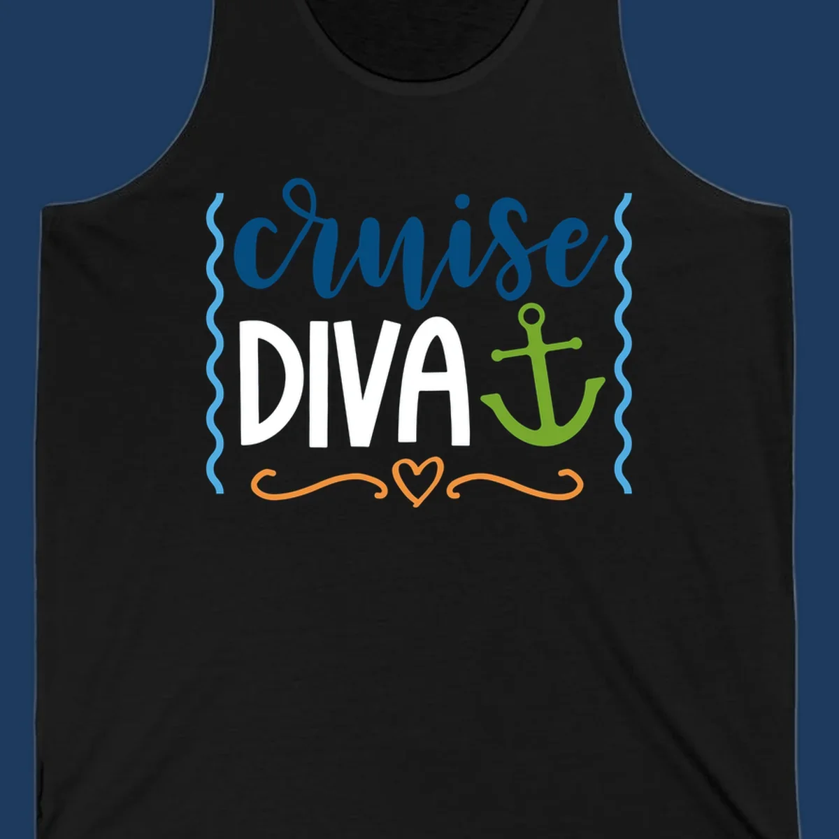 Cruise Diva design with bold white text, blue cursive lettering, green anchor, and decorative ocean-themed elements on gray background