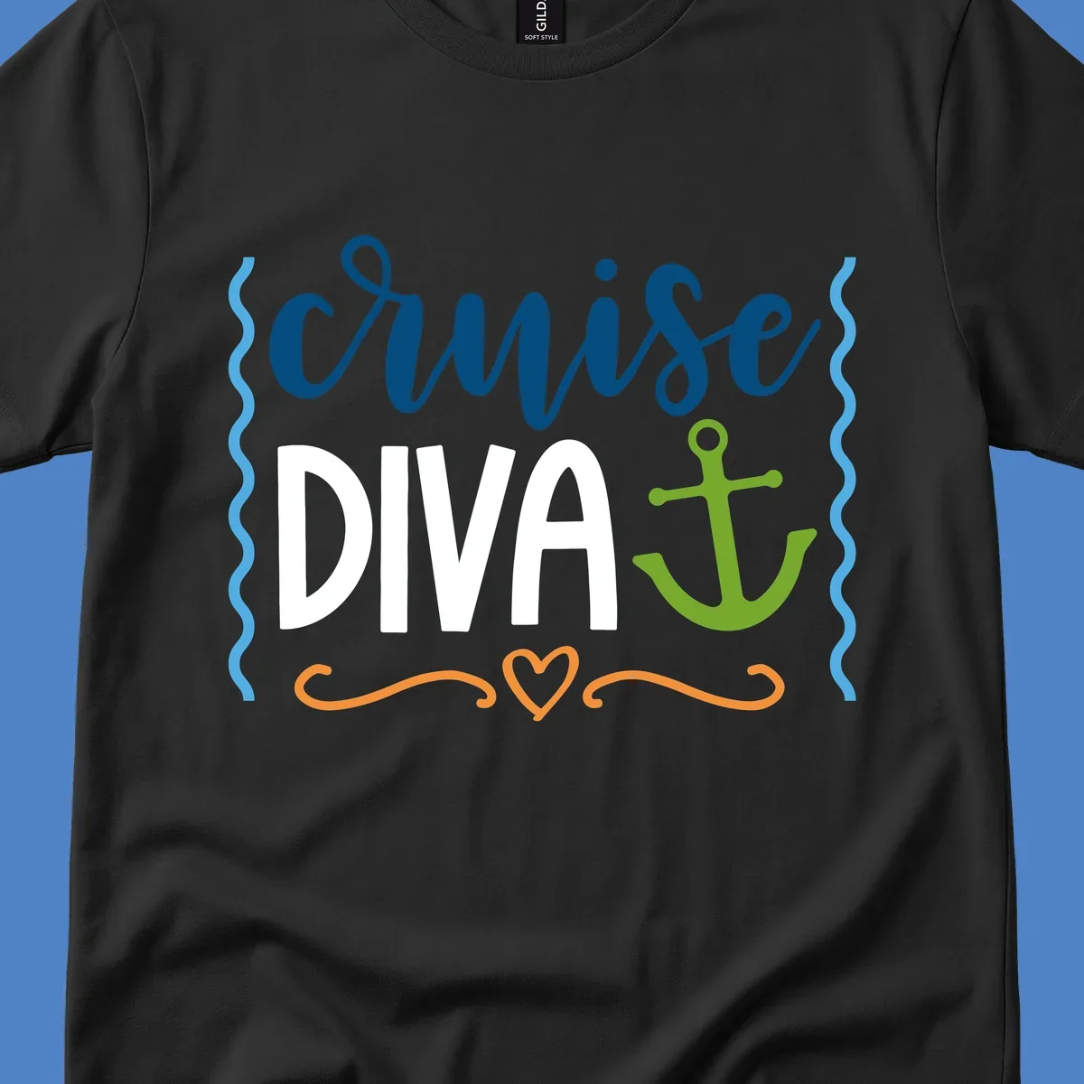 Cruise Diva design with bold white text, blue cursive lettering, green anchor, and decorative ocean-themed elements on gray background