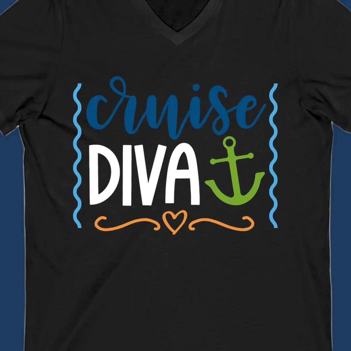 Cruise Diva design with bold white text, blue cursive lettering, green anchor, and decorative ocean-themed elements on gray background