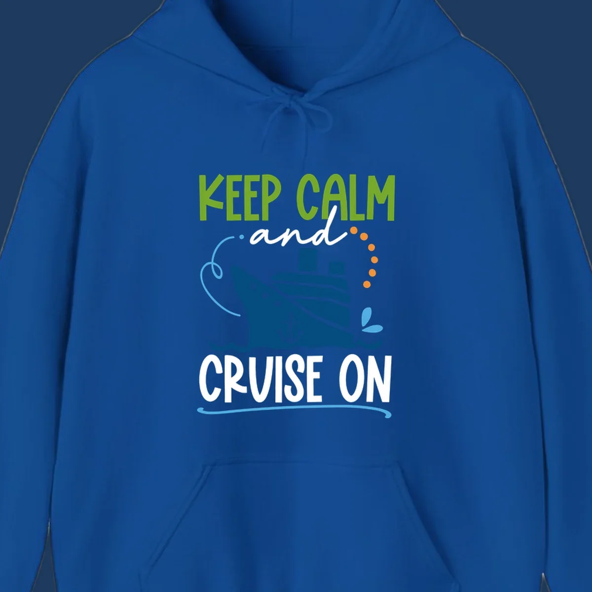 Keep Calm and Cruise On design with illustrated cruise ship, anchor, and ocean waves in lime green, blue, and white