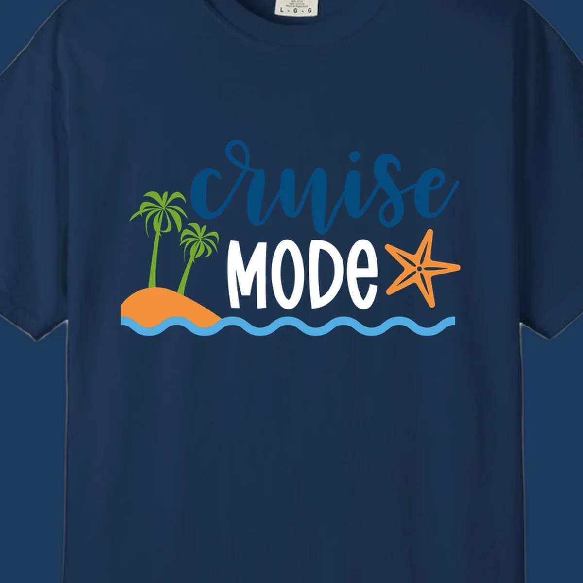 Cruise mode tropical beach design with palm trees, starfish, and ocean waves in blue, white, and orange
