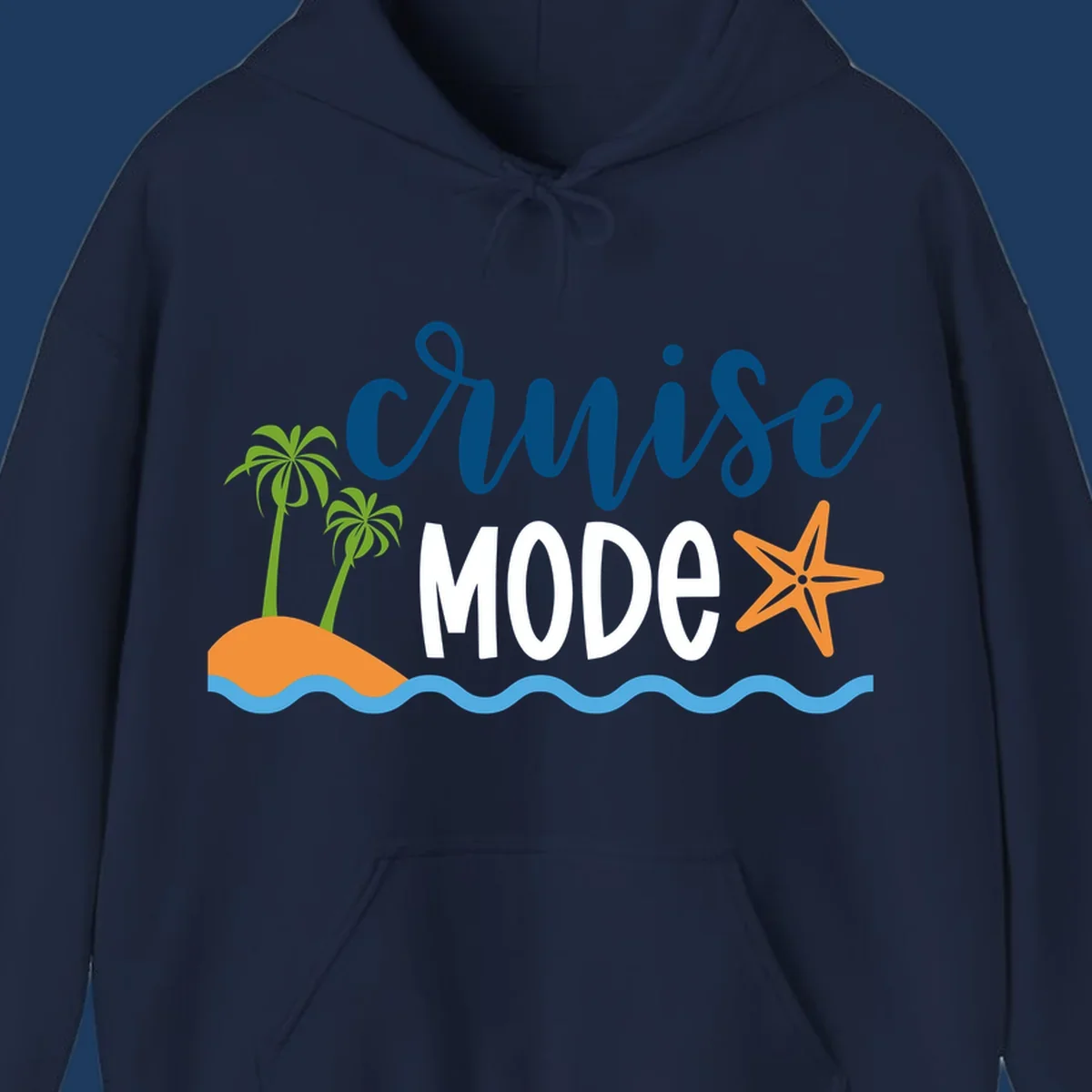 Cruise mode tropical beach design with palm trees, starfish, and ocean waves in blue, white, and orange