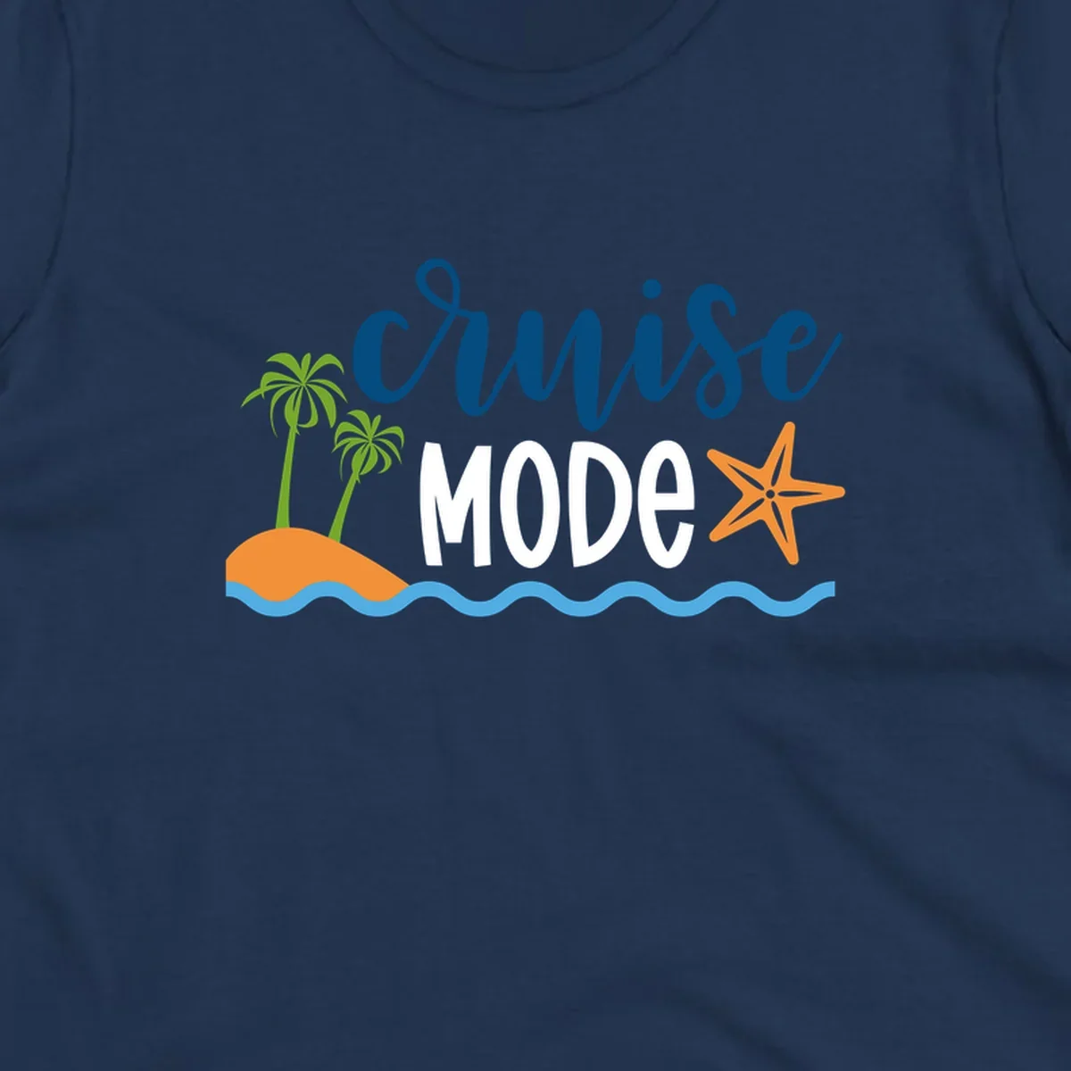 Cruise mode tropical beach design with palm trees, starfish, and ocean waves in blue, white, and orange