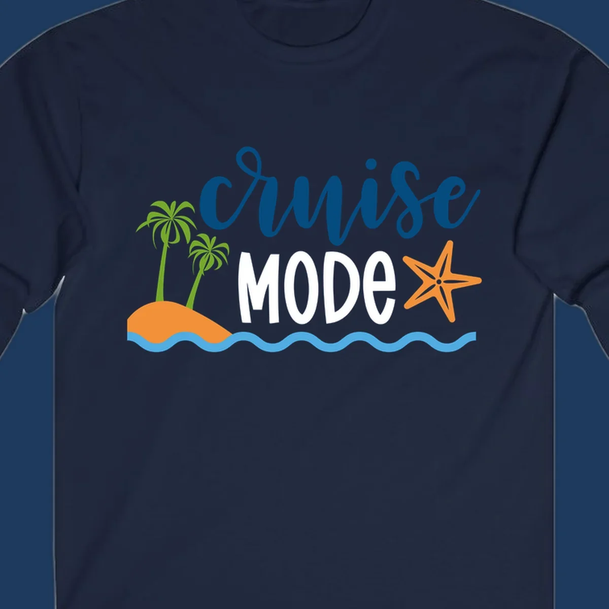 Cruise mode tropical beach design with palm trees, starfish, and ocean waves in blue, white, and orange