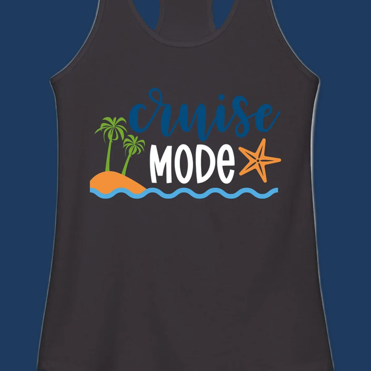 Cruise mode tropical beach design with palm trees, starfish, and ocean waves in blue, white, and orange