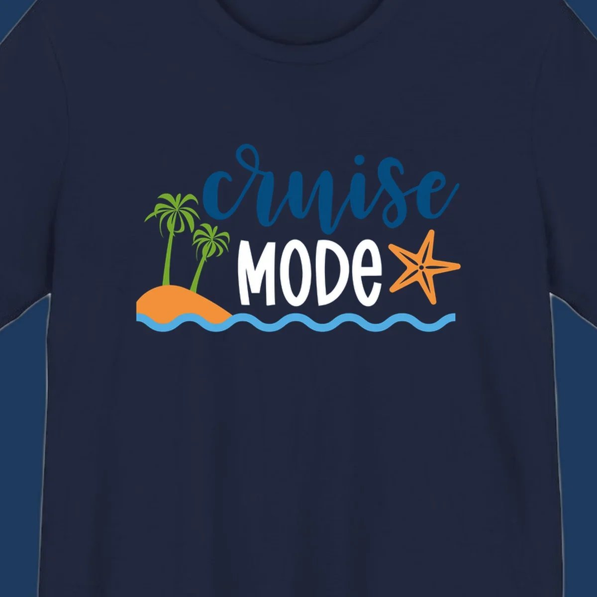 Cruise mode tropical beach design with palm trees, starfish, and ocean waves in blue, white, and orange