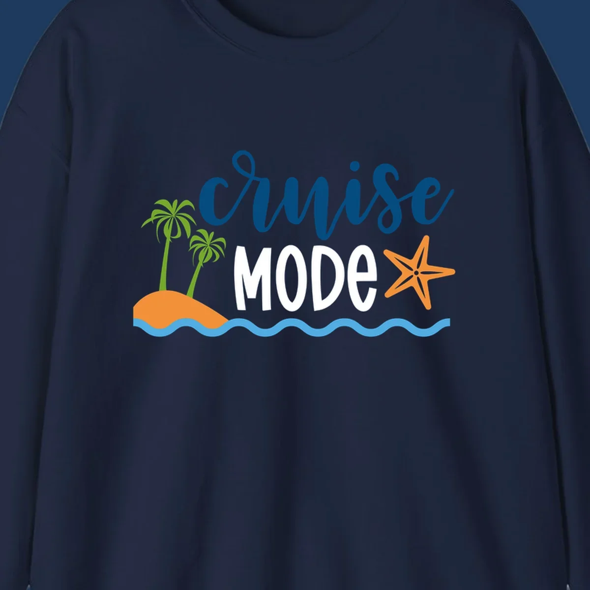 Cruise mode tropical beach design with palm trees, starfish, and ocean waves in blue, white, and orange