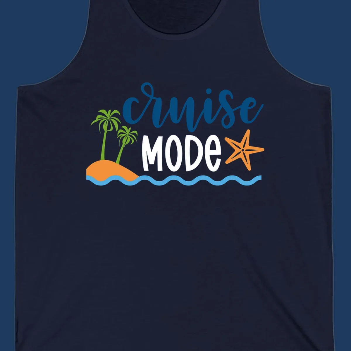 Cruise mode tropical beach design with palm trees, starfish, and ocean waves in blue, white, and orange