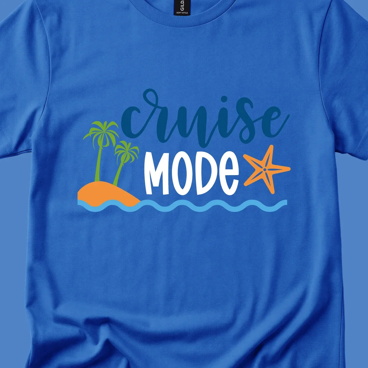 Cruise mode tropical beach design with palm trees, starfish, and ocean waves in blue, white, and orange