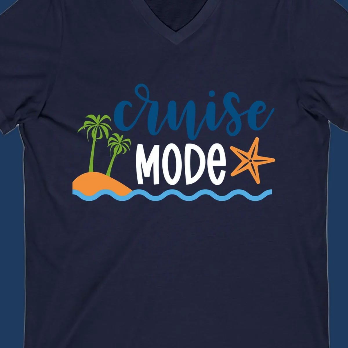 Cruise mode tropical beach design with palm trees, starfish, and ocean waves in blue, white, and orange