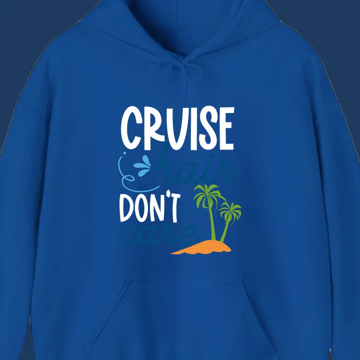 Cruise hair don't care design with palm trees and island graphic in blue, white, green and orange