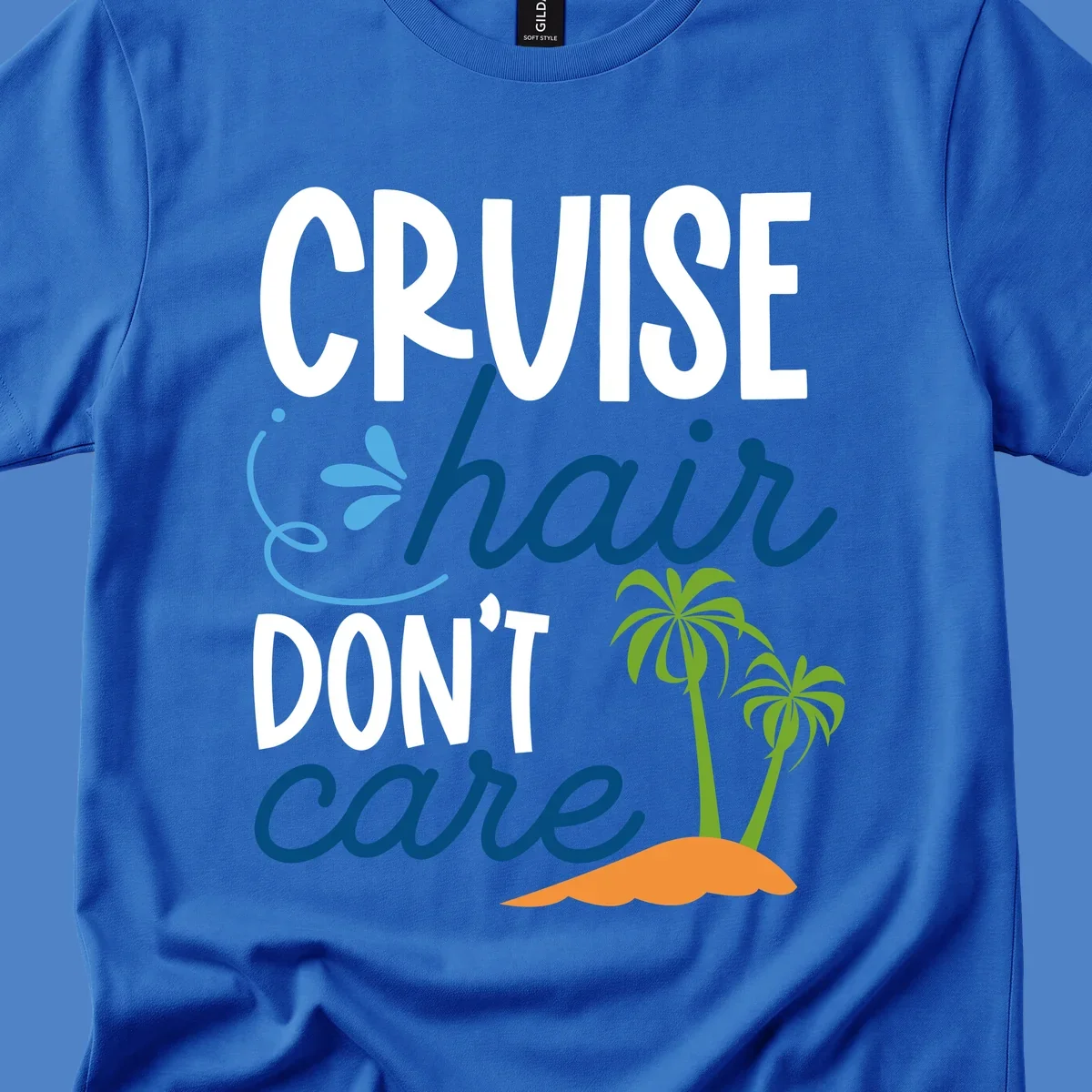 Cruise hair don't care design with palm trees and island graphic in blue, white, green and orange