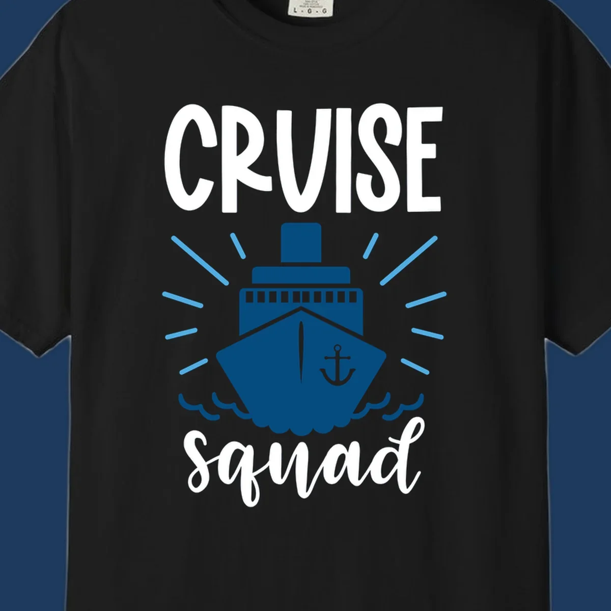Cruise squad ship design featuring a dark blue ship with anchor symbol, ocean waves, and radiating sun rays on gray background