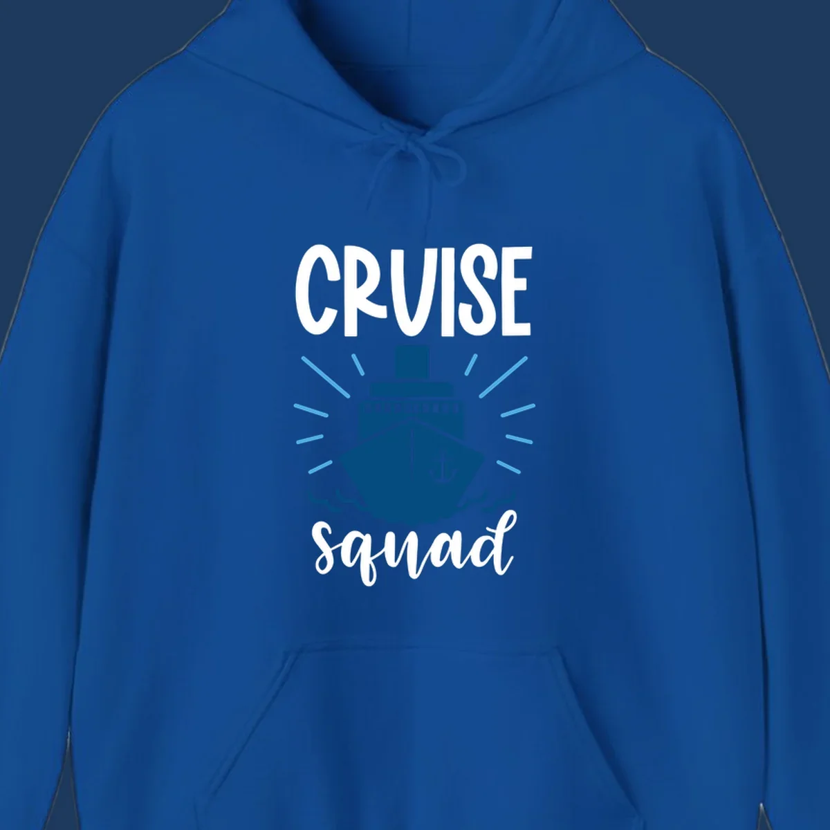 Cruise squad ship design featuring a dark blue ship with anchor symbol, ocean waves, and radiating sun rays on gray background