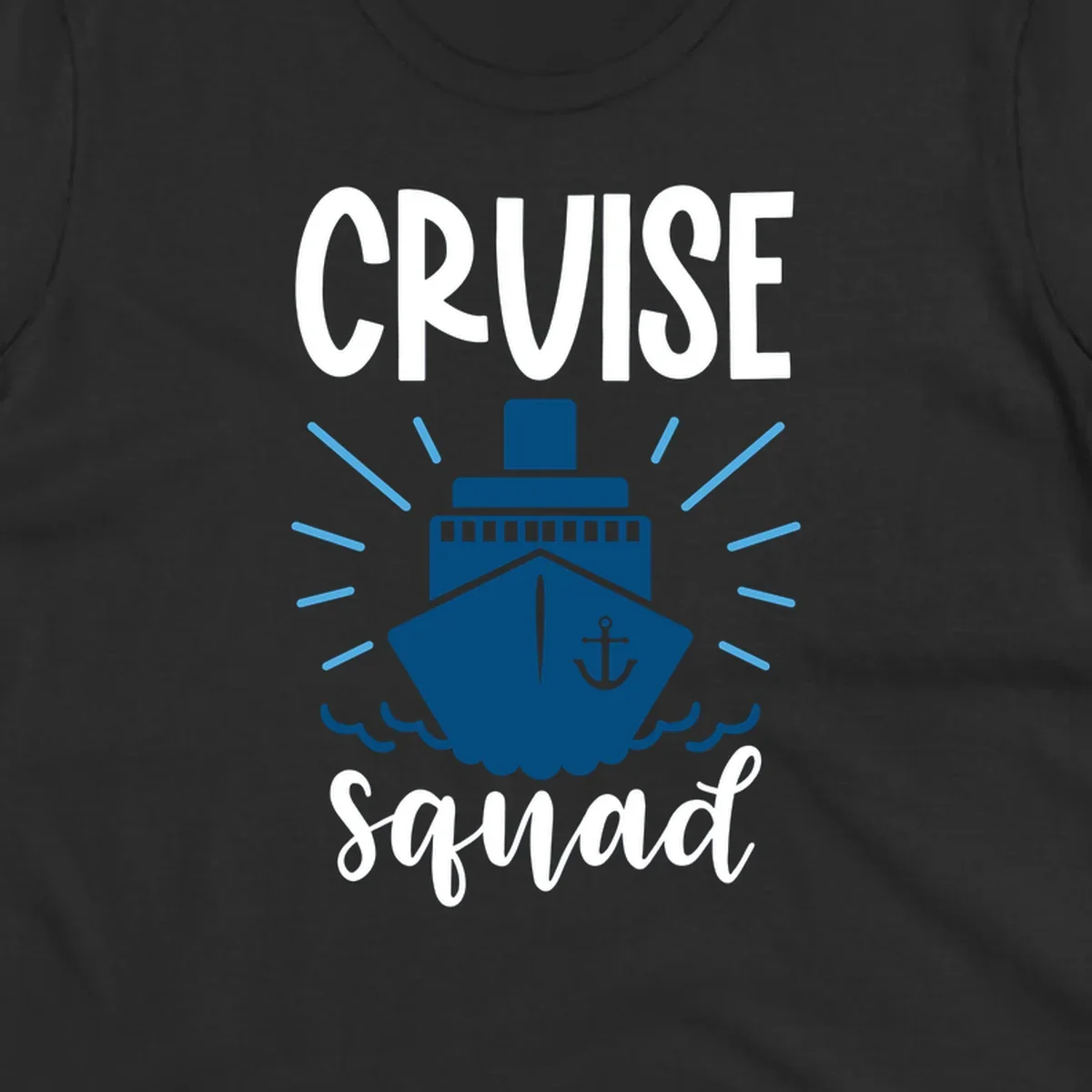 Cruise squad ship design featuring a dark blue ship with anchor symbol, ocean waves, and radiating sun rays on gray background