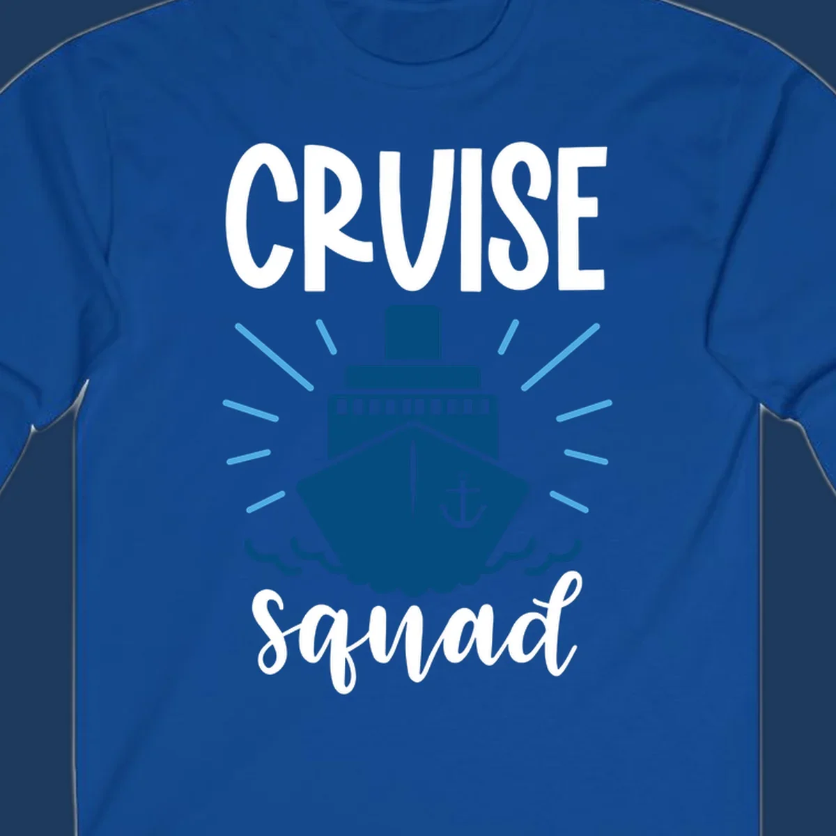 Cruise squad ship design featuring a dark blue ship with anchor symbol, ocean waves, and radiating sun rays on gray background