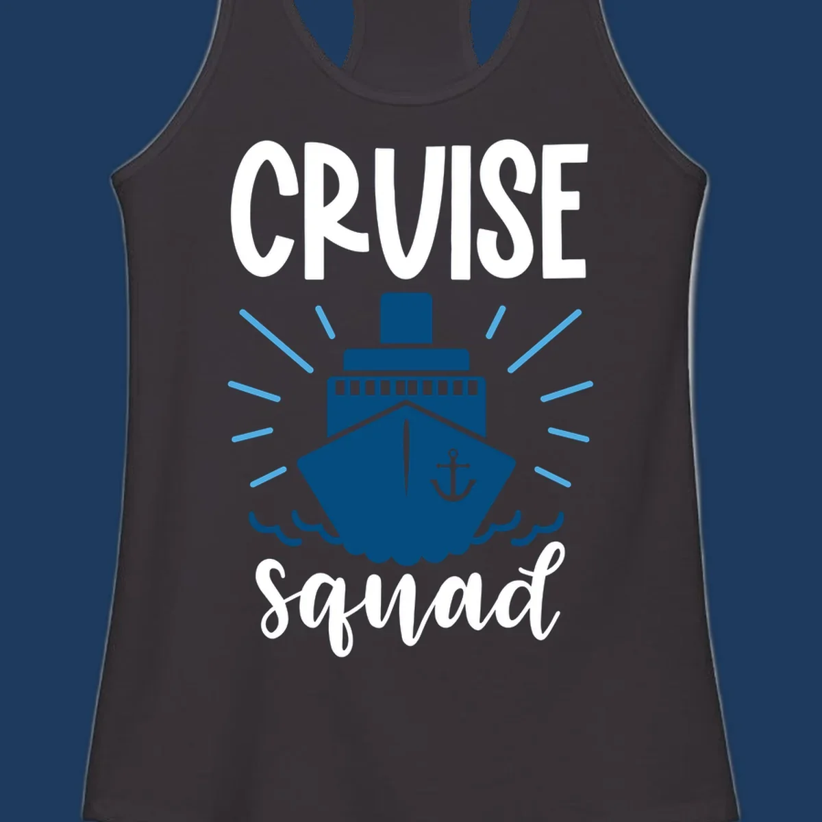 Cruise squad ship design featuring a dark blue ship with anchor symbol, ocean waves, and radiating sun rays on gray background