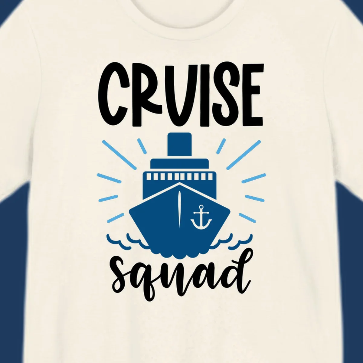 Cruise squad ship design featuring a dark blue ship with anchor symbol, ocean waves, and radiating sun rays on gray background