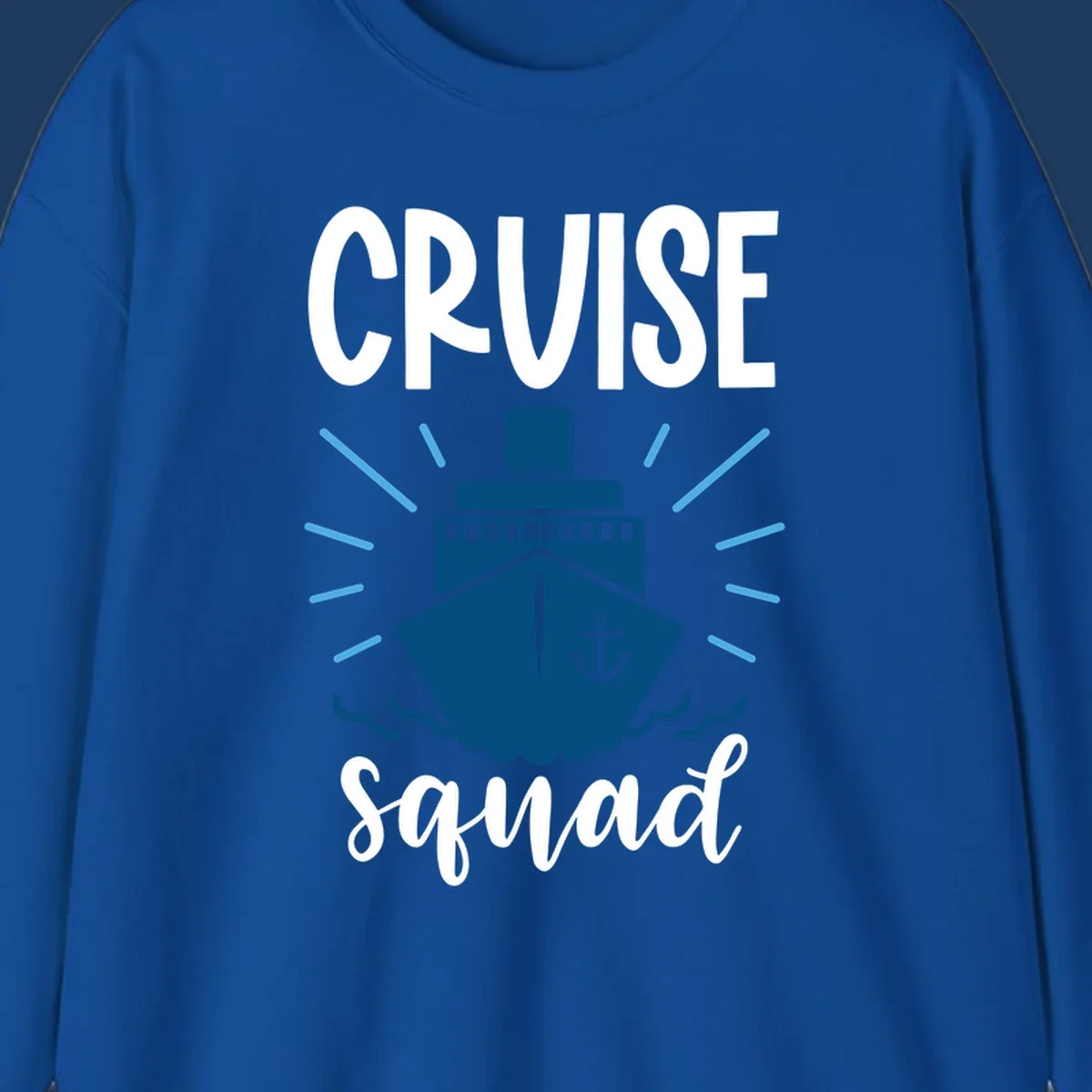 Cruise squad ship design featuring a dark blue ship with anchor symbol, ocean waves, and radiating sun rays on gray background