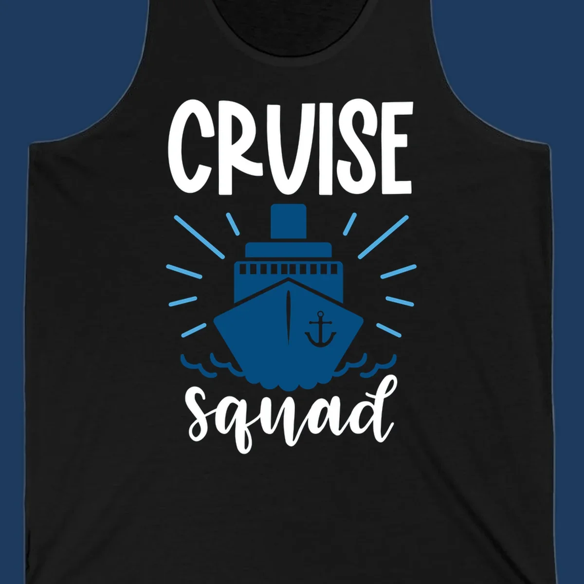 Cruise squad ship design featuring a dark blue ship with anchor symbol, ocean waves, and radiating sun rays on gray background