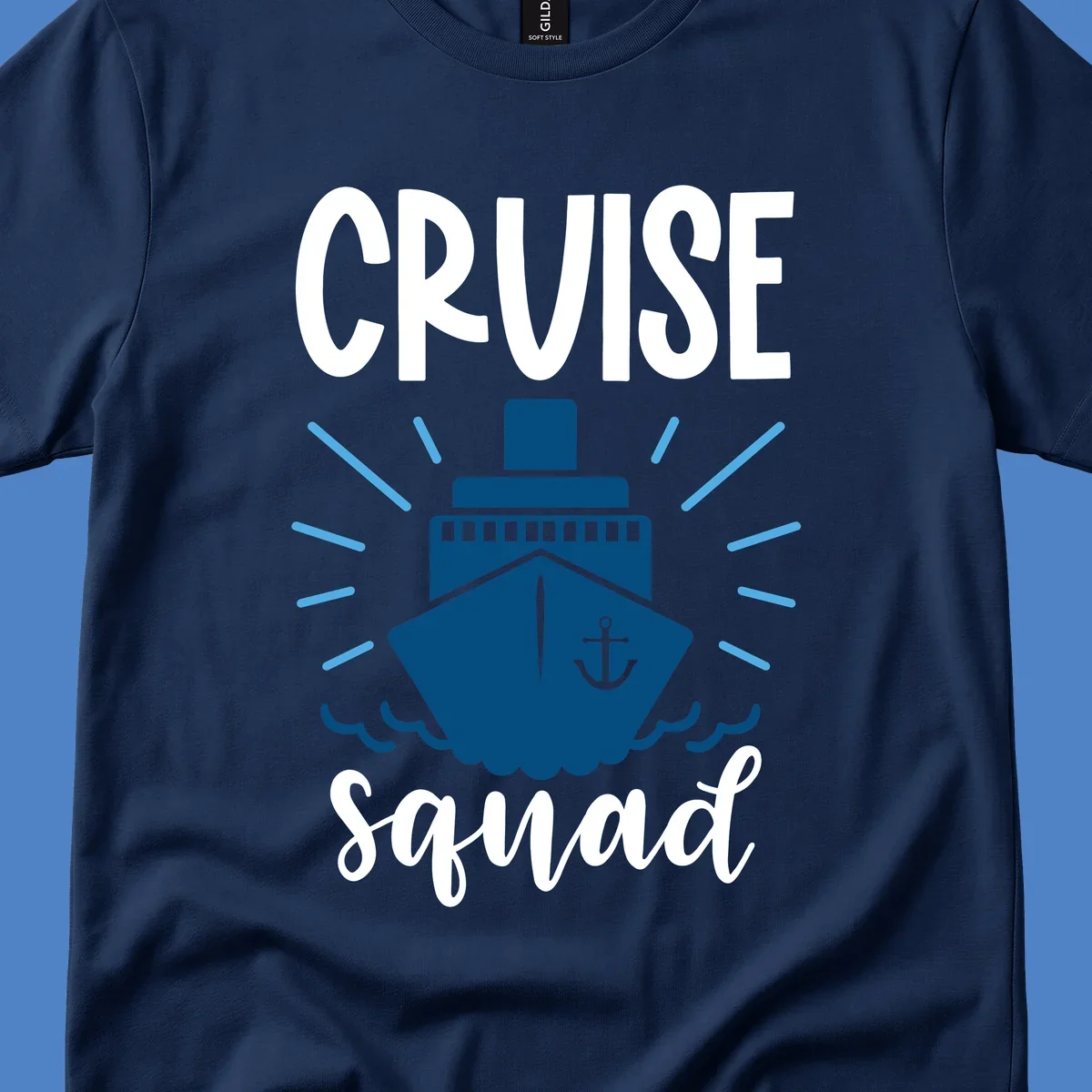 Cruise squad ship design featuring a dark blue ship with anchor symbol, ocean waves, and radiating sun rays on gray background