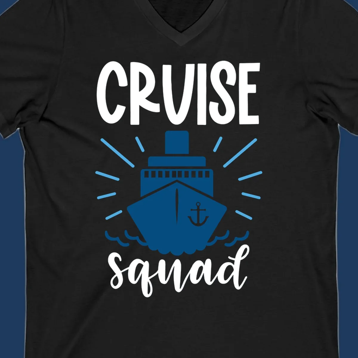 Cruise squad ship design featuring a dark blue ship with anchor symbol, ocean waves, and radiating sun rays on gray background
