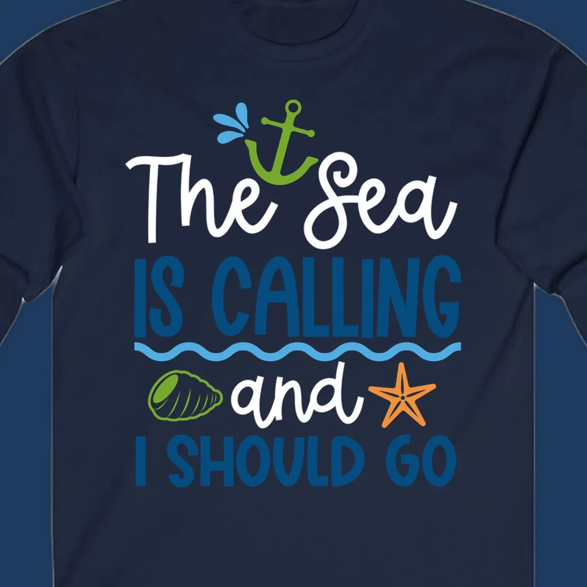 Gray tee design with 'The Sea Is Calling and I Should Go' text in white and blue, decorated with nautical icons including anchor, starfish, seashell, and ocean waves.