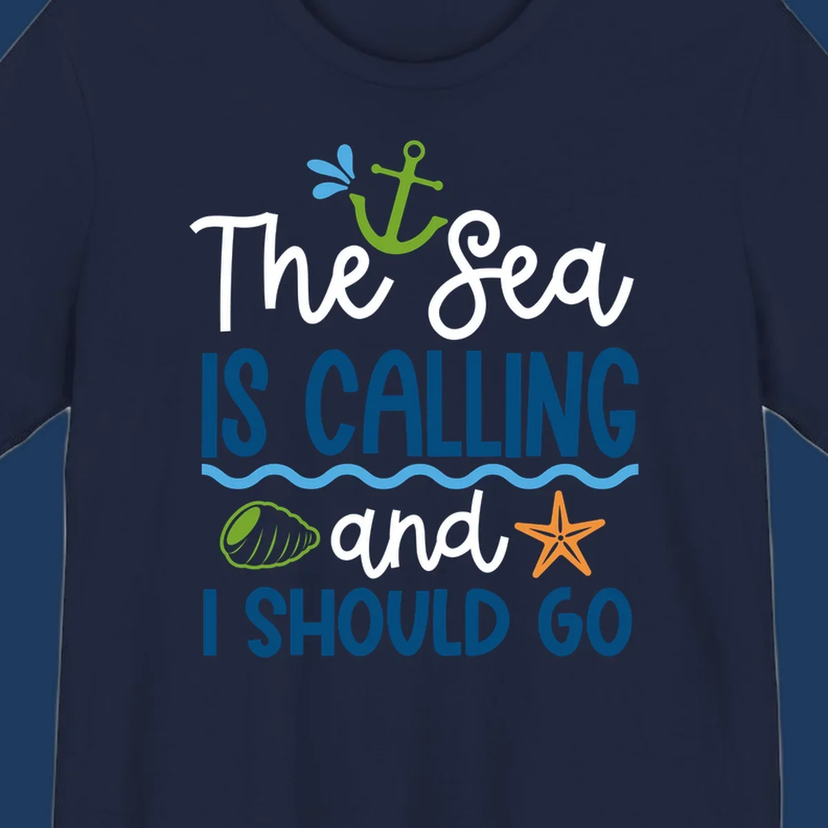 Gray tee design with 'The Sea Is Calling and I Should Go' text in white and blue, decorated with nautical icons including anchor, starfish, seashell, and ocean waves.