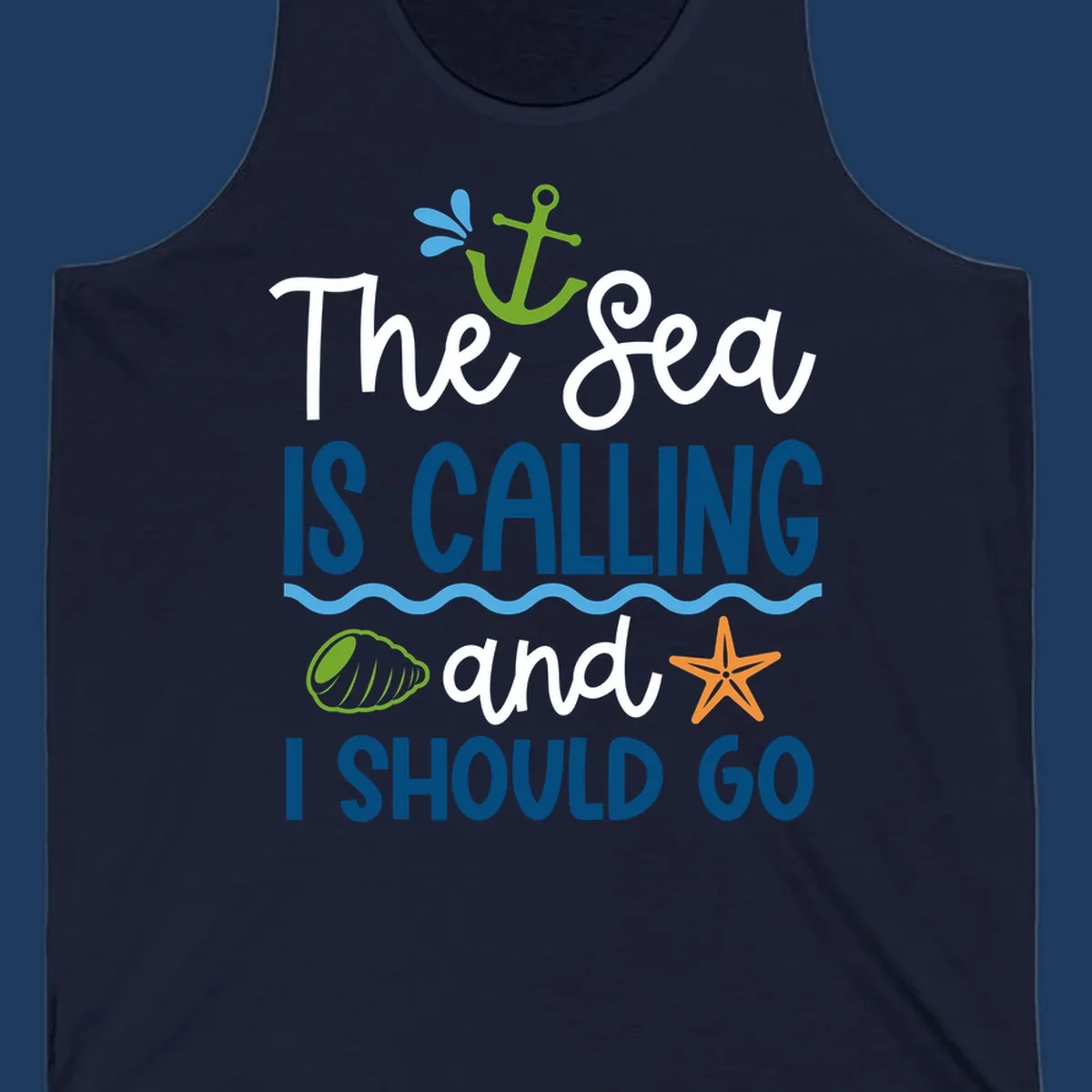 Gray tee design with 'The Sea Is Calling and I Should Go' text in white and blue, decorated with nautical icons including anchor, starfish, seashell, and ocean waves.