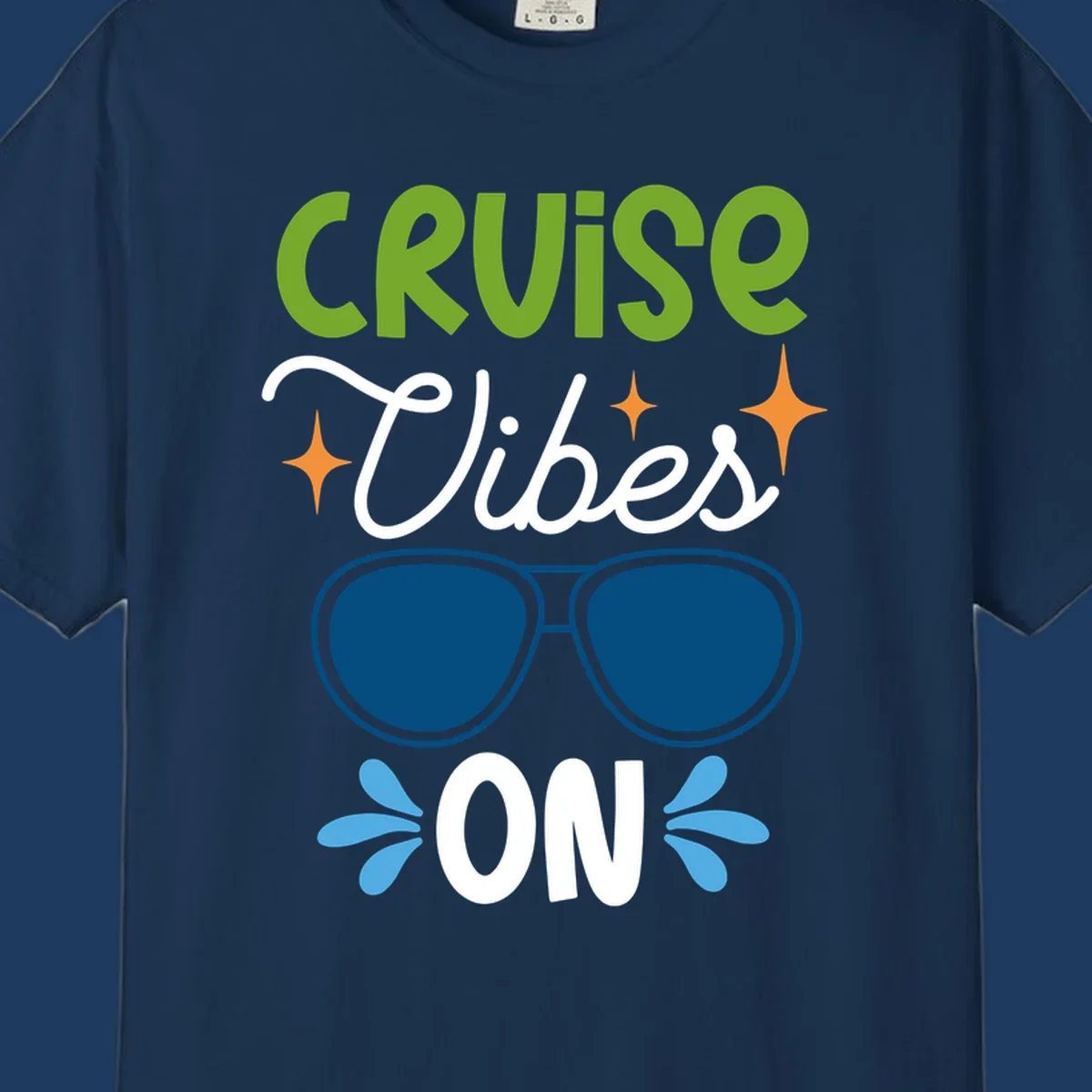 Cruise vibes on design with lime green text, blue aviator sunglasses, orange stars, and blue water droplets on gray background