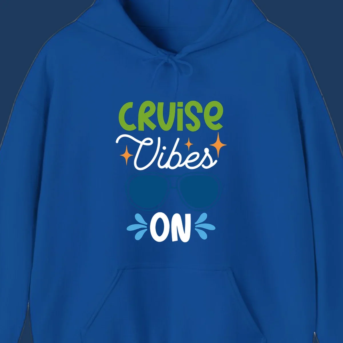 Cruise vibes on design with lime green text, blue aviator sunglasses, orange stars, and blue water droplets on gray background
