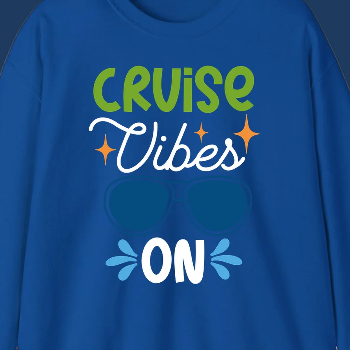 Cruise vibes on design with lime green text, blue aviator sunglasses, orange stars, and blue water droplets on gray background