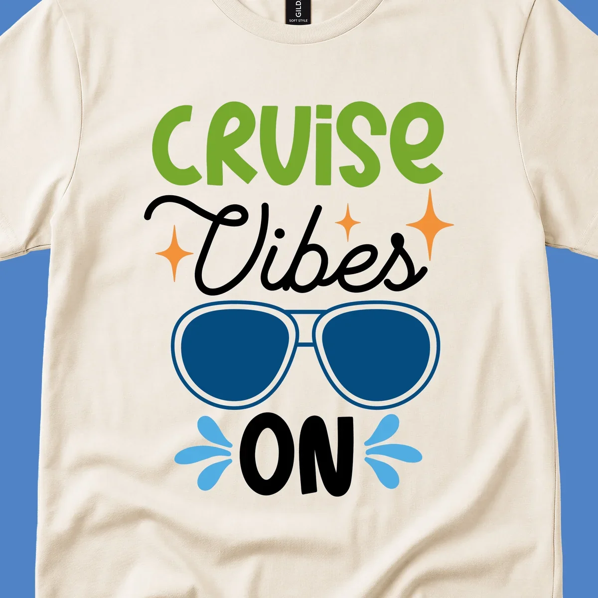 Cruise vibes on design with lime green text, blue aviator sunglasses, orange stars, and blue water droplets on gray background