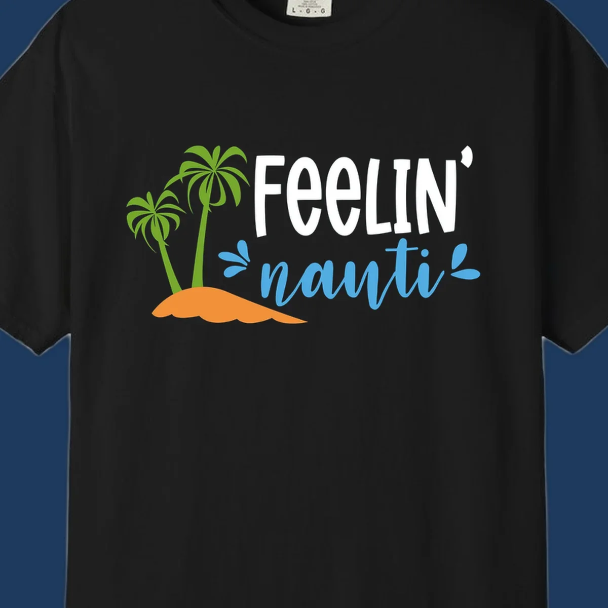 Feelin' nauty cruise design with palm trees, ocean waves, and tropical lettering on gray background