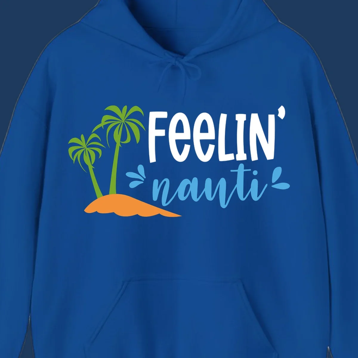 Feelin' nauty cruise design with palm trees, ocean waves, and tropical lettering on gray background