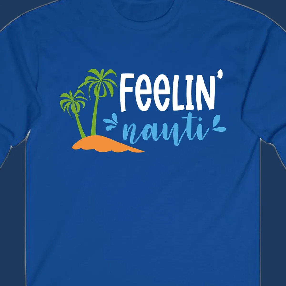 Feelin' nauty cruise design with palm trees, ocean waves, and tropical lettering on gray background
