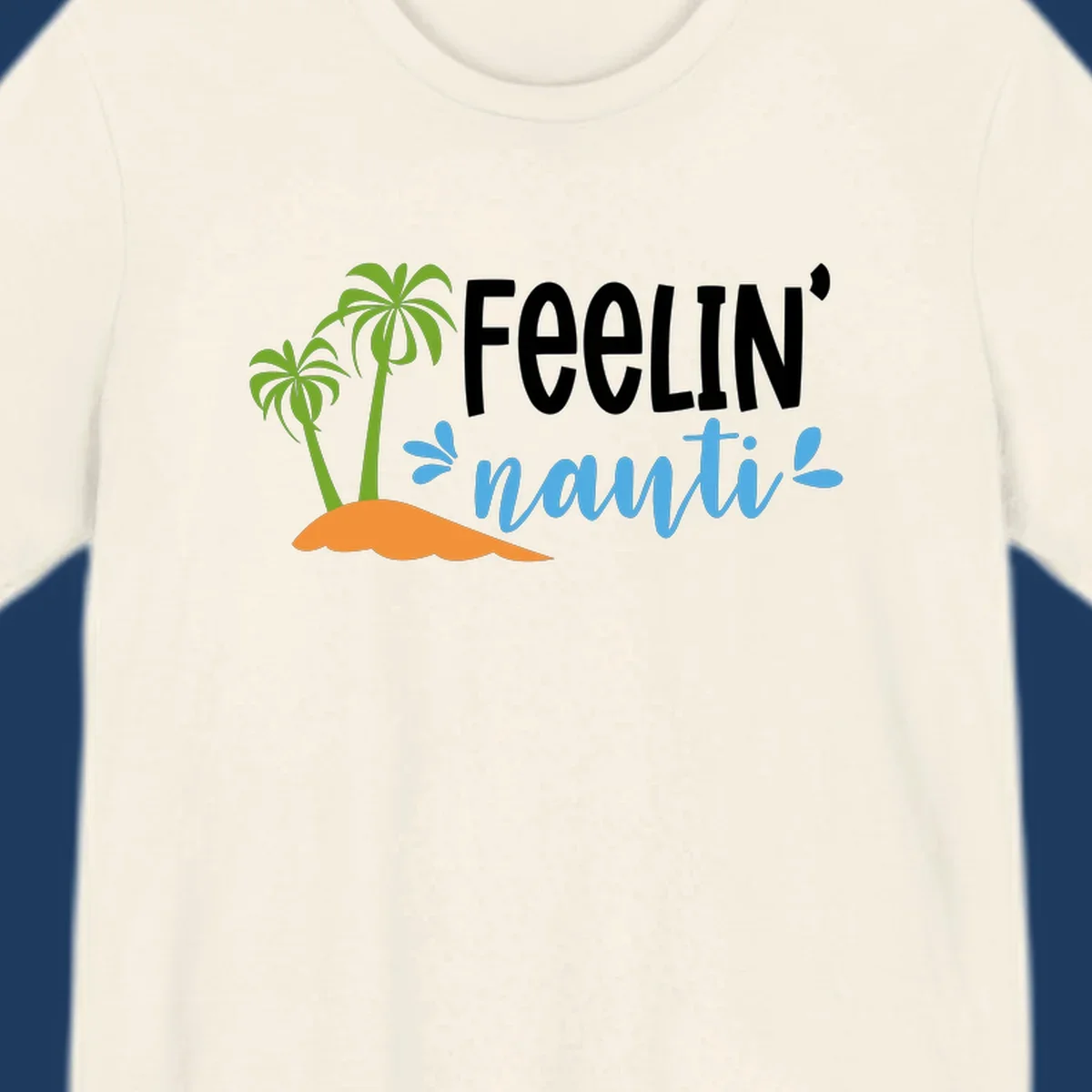 Feelin' nauty cruise design with palm trees, ocean waves, and tropical lettering on gray background