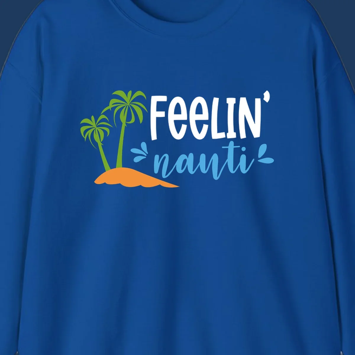 Feelin' nauty cruise design with palm trees, ocean waves, and tropical lettering on gray background