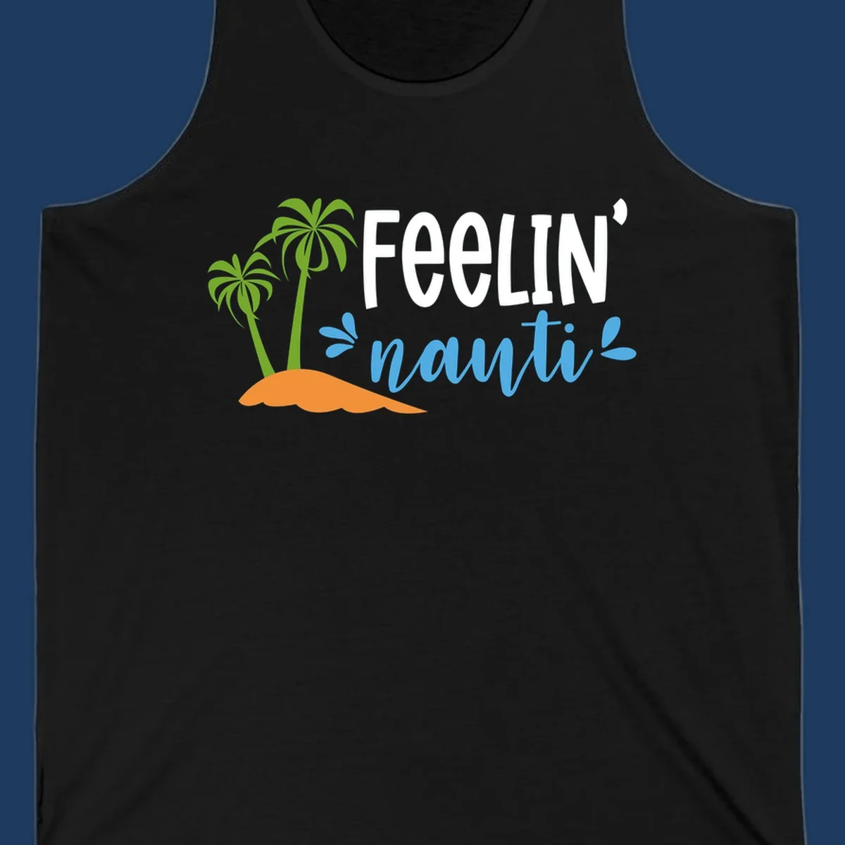 Feelin' nauty cruise design with palm trees, ocean waves, and tropical lettering on gray background