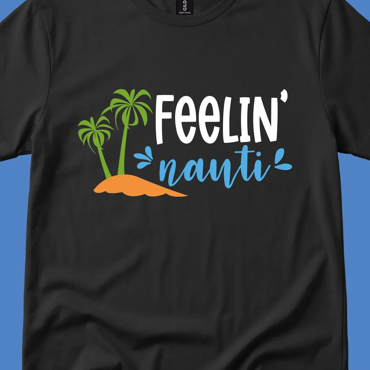 Feelin' nauty cruise design with palm trees, ocean waves, and tropical lettering on gray background