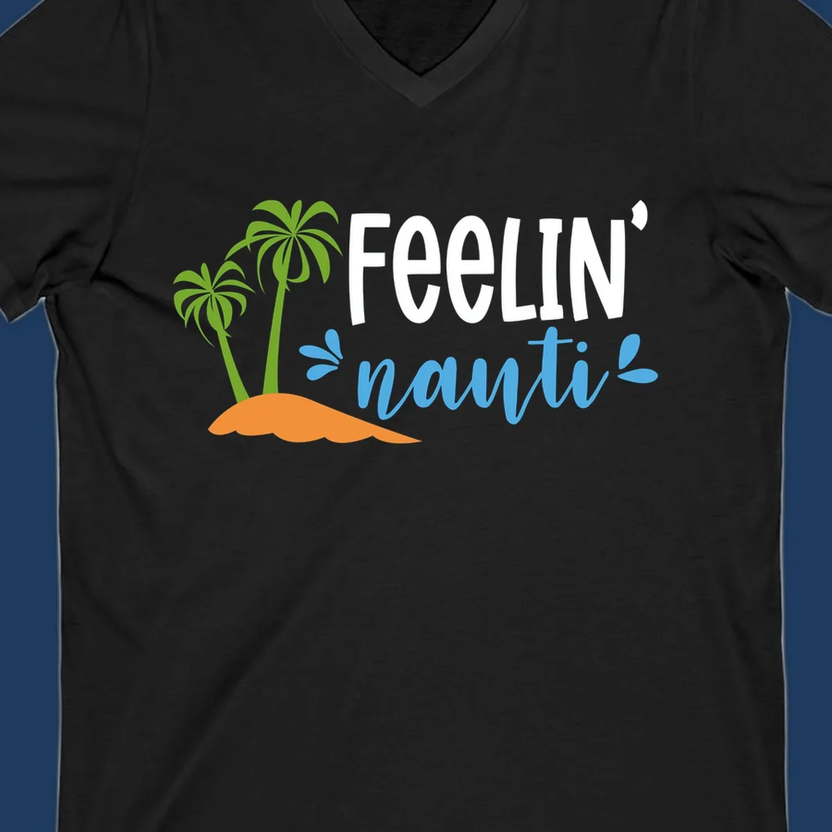 Feelin' nauty cruise design with palm trees, ocean waves, and tropical lettering on gray background