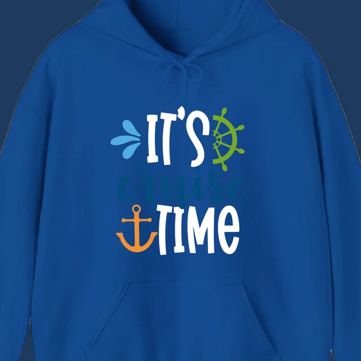 Nautical design with 'IT'S CRUISE TIME' text, anchor, ship wheel, and decorative elements in blue, white, orange and green