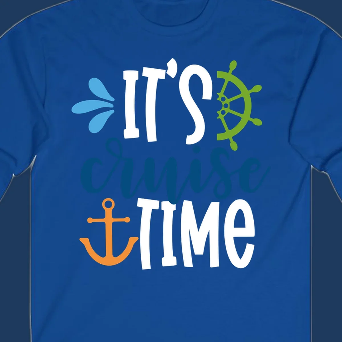 Nautical design with 'IT'S CRUISE TIME' text, anchor, ship wheel, and decorative elements in blue, white, orange and green