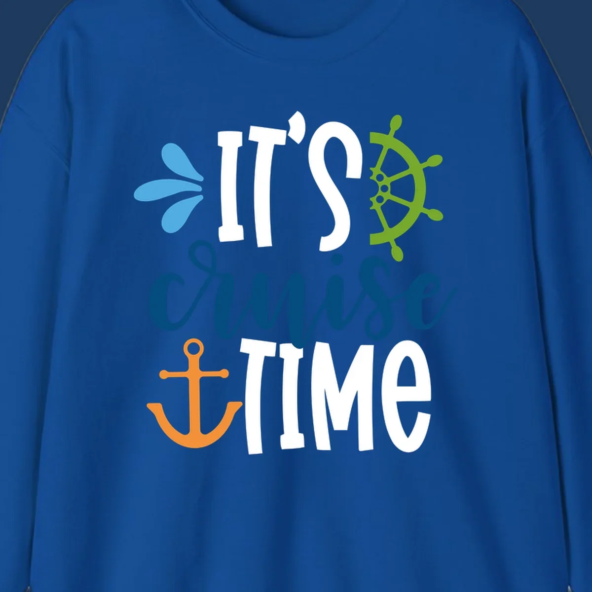 Nautical design with 'IT'S CRUISE TIME' text, anchor, ship wheel, and decorative elements in blue, white, orange and green