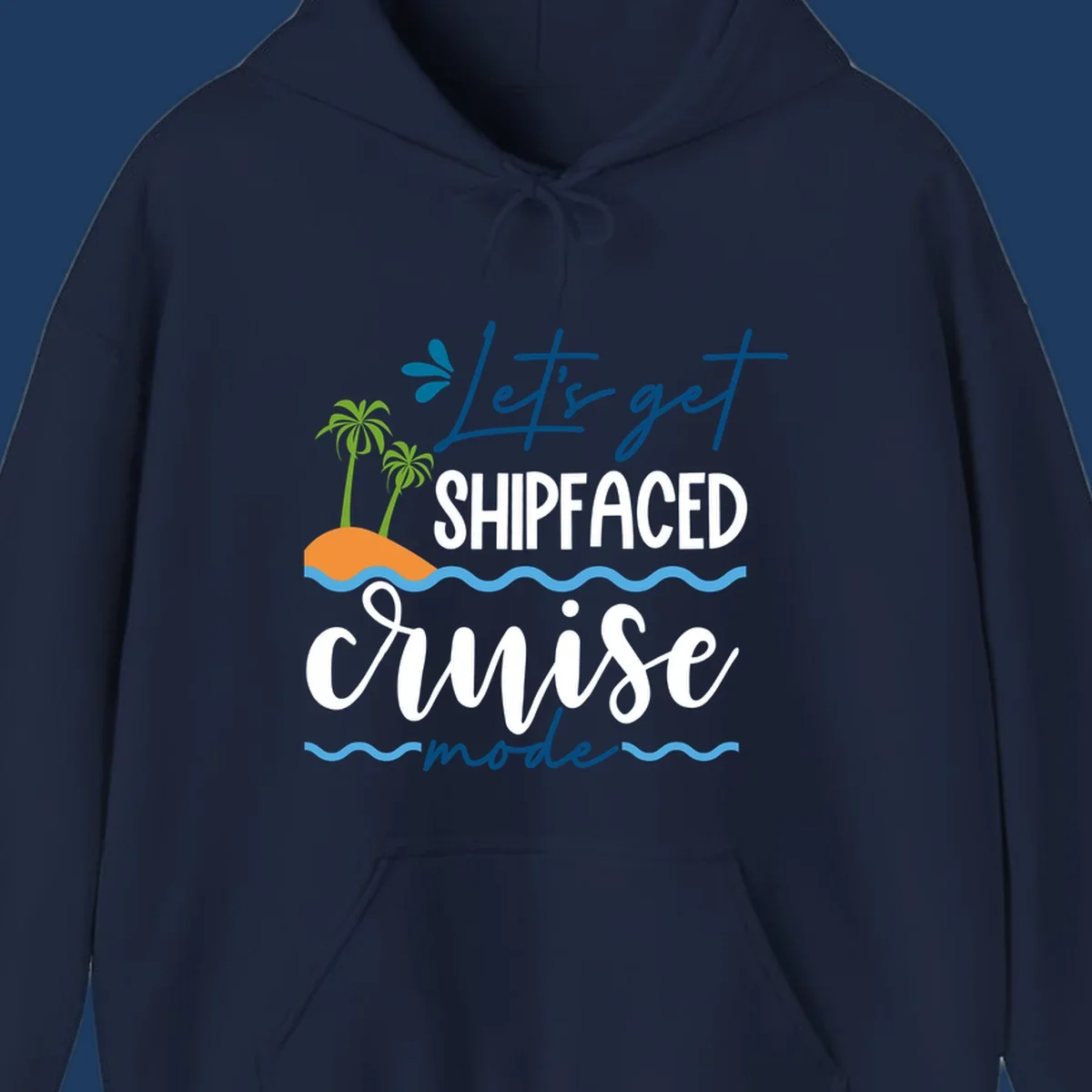 Tropical cruise design with palm trees and waves featuring blue handwritten text reading 'Let's get shipfaced cruise mode'