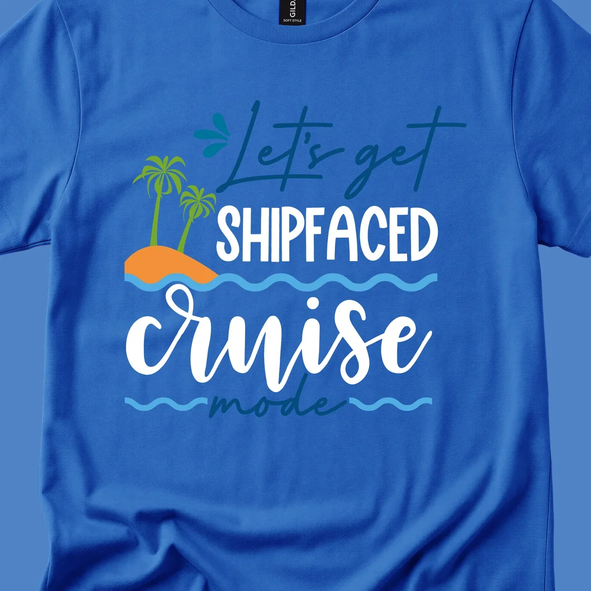 Tropical cruise design with palm trees and waves featuring blue handwritten text reading 'Let's get shipfaced cruise mode'