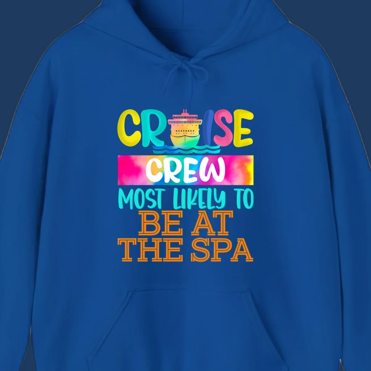 Colorful cruise ship with waves and bold text reading 'Cruise Crew Most Likely To Be At The Spa' in vibrant gradient colors