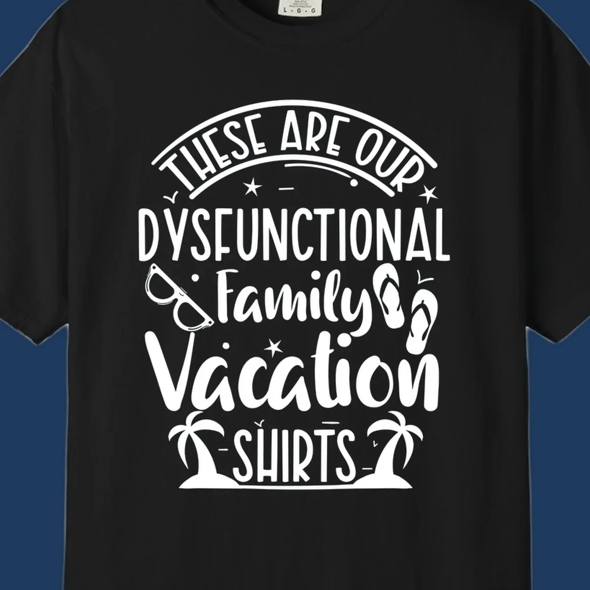 Vintage-style badge with dysfunctional family vacation text, sunglasses, flip flops, and palm trees design