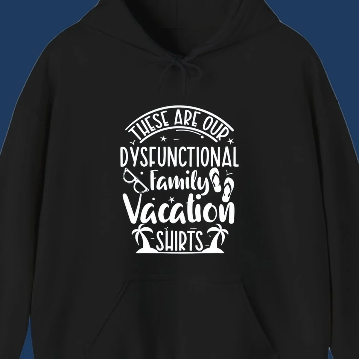 Vintage-style badge with dysfunctional family vacation text, sunglasses, flip flops, and palm trees design